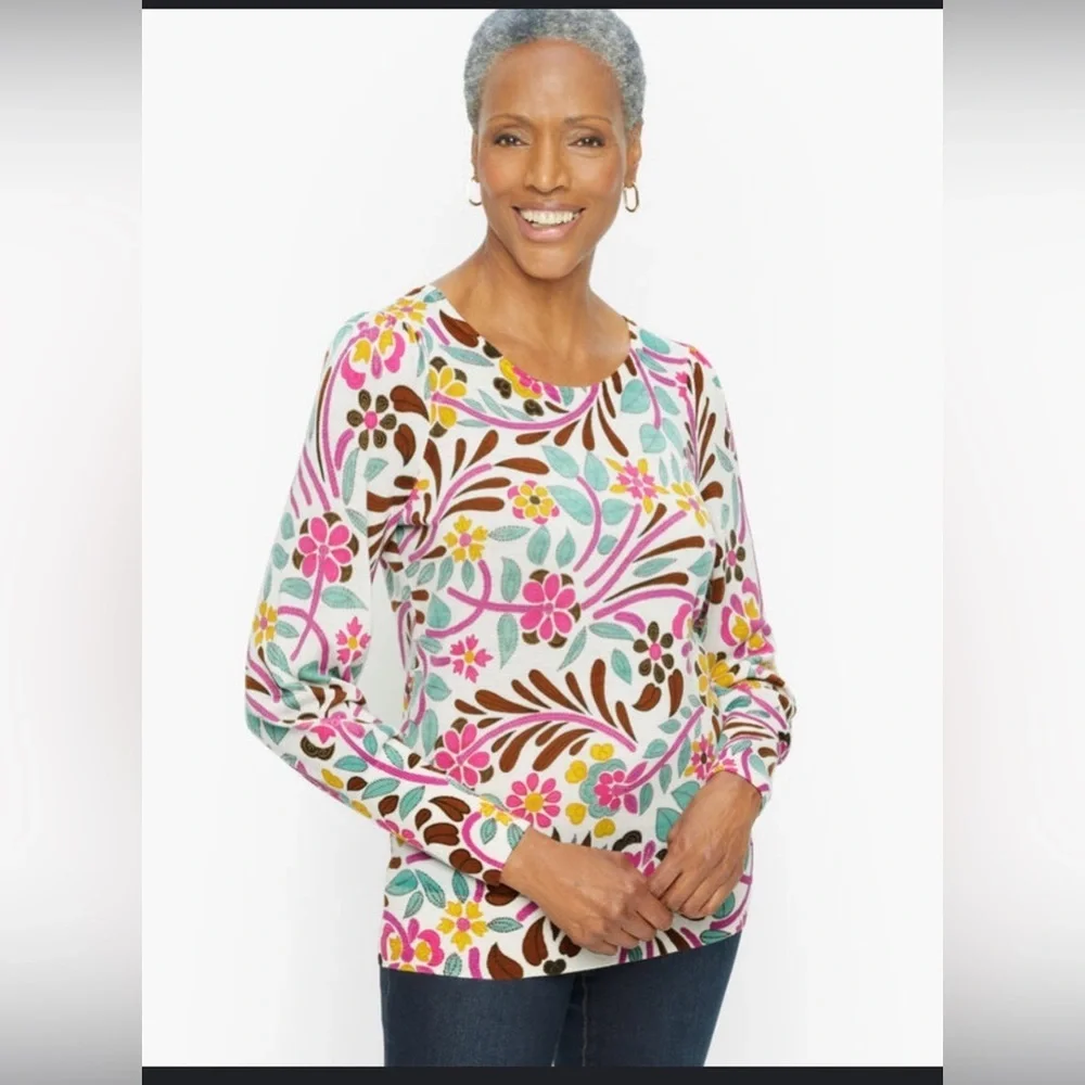 Talbots Pure Merino Wool Floral Long Sleeve Pull Over Sweater Size Medium - Picture 2 of 4